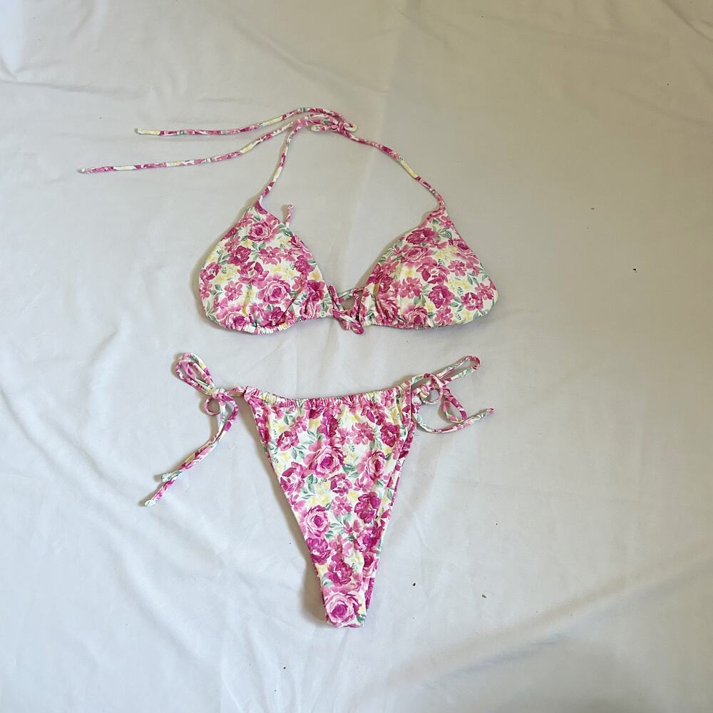 pink and white floral print cheeky bikini